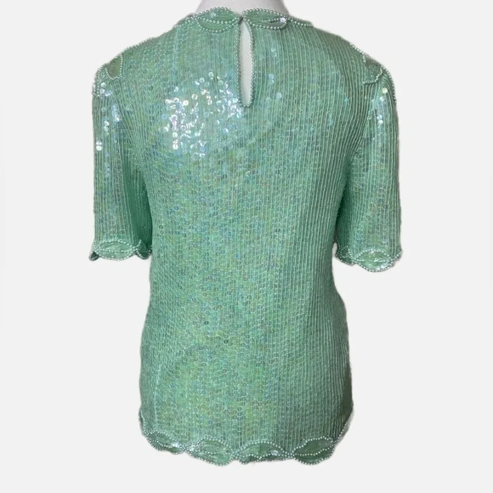 Scala Vintage Fully Sequined Mint Green Short Sleeve Top with Pearl‎ Accents - Picture 2 of 13